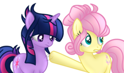 Size: 1024x602 | Tagged: safe, artist:xxmelody-scribblexx, fluttershy, twilight sparkle, earth pony, pony, unicorn, g4, alternate hairstyle, alternate universe, base used, duo, earth pony fluttershy, simple background, transparent background, unicorn twilight