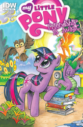 Size: 664x1020 | Tagged: safe, artist:andypriceart, idw, official comic, owlowiscious, princess celestia, spike, twilight sparkle, alicorn, bird, dragon, owl, pony, unicorn, g4, spoiler:comic, armpits, book, boombox, cover, female, male, mare
