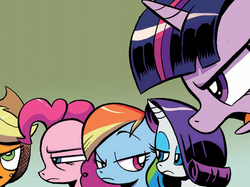 Size: 664x497 | Tagged: safe, artist:andy price, idw, official comic, applejack, fluttershy, pinkie pie, rainbow dash, rarity, twilight sparkle, g4, the return of queen chrysalis, spoiler:comic, advertisement, cropped, idw advertisement, mane six