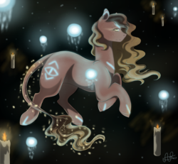 Size: 1300x1200 | Tagged: safe, artist:scarletsfeed, oc, oc only, oc:luminary, ambiguous species, black background, candle, contest entry, female, fire, signature, simple background, solo