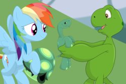 Size: 1089x733 | Tagged: safe, artist:porygon2z, rainbow dash, tank, pegasus, pony, reptile, tortoise, turtle, anthro, g4, anthro with ponies, crossover, franklin, franklin the turtle, no shell, nudity, trio