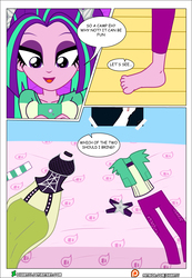 Size: 2560x3704 | Tagged: safe, artist:dieart77, aria blaze, comic:sirens love, equestria girls, g4, barefoot, bed, clothes, comic, dialogue, dress, feet, female, high res, pants, solo