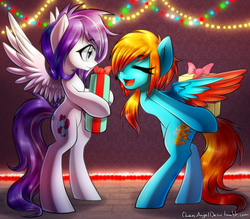 Size: 2400x2100 | Tagged: safe, artist:chaosangeldesu, oc, oc only, oc:azure serenity, oc:chaos angel, pegasus, pony, bipedal, christmas, christmas lights, duo, high res, holiday, present