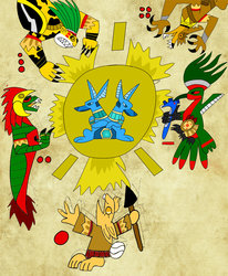 Size: 1024x1243 | Tagged: safe, artist:toon-n-crossover, quetzalcoatl, codex, codices, digital art, huehuecoyotl, huitzilopotchli, metztli, sapphire statue, sun, tezcatlipoca