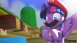 Size: 2500x1406 | Tagged: safe, artist:juicedane, twilight sparkle, alicorn, pony, 3d, accessory swap, bipedal, cappy (mario), colored pupils, crossover, female, frown, hat, looking down, mare, mario, open mouth, possessed, shocked, source filmmaker, spread wings, super mario bros., super mario odyssey, twilight sparkle (alicorn), wide eyes, wings