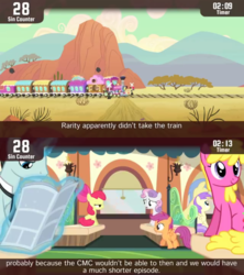 Size: 854x960 | Tagged: safe, screencap, apple bloom, scootaloo, sweetie belle, earth pony, pegasus, pony, unicorn, cinemare sins, for whom the sweetie belle toils, g4, background pony, cutie mark crusaders, female, filly, train