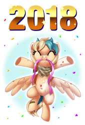 Size: 1600x2352 | Tagged: safe, artist:centchi, oc, oc only, oc:sun light, pegasus, pony, 2018, confetti, cute, female, happy new year, holiday, ribbon, solo