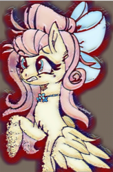 Size: 1280x1956 | Tagged: safe, artist:jxst-starly, fluttershy, pony, g4, alternate hairstyle, embarrassed, female, jewelry, messy mane, necklace, simple background, solo