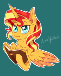 Size: 3200x4000 | Tagged: safe, artist:yumeyuuheii, sunset shimmer, alicorn, pony, g4, alicornified, book, female, green background, high res, race swap, shimmercorn, simple background, solo