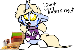 Size: 535x360 | Tagged: safe, artist:nootaz, oc, oc only, oc:nootaz, pony, burger, burger king, cheeseburger, clothes, coca-cola, crying, female, filly, floppy ears, food, freckles, hamburger, looking up, meat, noot abuse, sad, simple background, sundae, sweater, transparent background