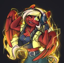 Size: 1230x1200 | Tagged: safe, artist:klaffycloudy, oc, oc only, pegasus, anthro, anthro oc, belly button, black background, breasts, cleavage, clothes, electricity, female, fingerless gloves, gloves, headphones, midriff, one eye closed, open mouth, simple background, solo