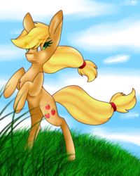 Size: 1778x2223 | Tagged: safe, artist:minibron3, applejack, earth pony, pony, g4, female, grass, mare, rearing, solo
