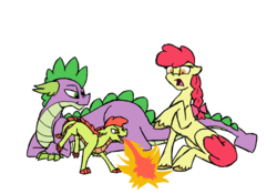 Size: 1000x700 | Tagged: safe, artist:notaguitarfret, apple bloom, spike, oc, oc:apple flame, dracony, dragon, hybrid, pony, g4, family, female, fire, fire breath, interspecies, interspecies offspring, male, next generation, offspring, older, older apple bloom, older spike, parent:apple bloom, parent:spike, parents:spikebloom, ponytail, ship:spikebloom, shipping, simple background, straight, white background