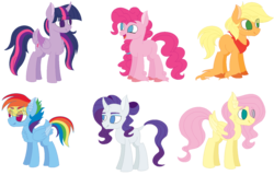 Size: 1024x656 | Tagged: safe, artist:galacticcinnamonbuni, applejack, fluttershy, pinkie pie, rainbow dash, rarity, twilight sparkle, alicorn, earth pony, pegasus, pony, unicorn, bandana, base used, chest fluff, colored wings, colored wingtips, curved horn, ear fluff, eye contact, female, happy, leonine tail, lidded eyes, looking at each other, mane six, mare, older, open mouth, simple background, smiling, tail feathers, transparent background, twilight sparkle (alicorn), unshorn fetlocks