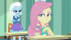Size: 1920x1080 | Tagged: safe, screencap, fluttershy, trixie, a little birdie told me, equestria girls, g4, my little pony equestria girls: better together, crossed arms, duo, female, unamused