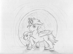 Size: 2169x1613 | Tagged: safe, artist:geljado, oc, oc only, oc:broken symmetry, oc:the legend, alicorn, pony, alicorn oc, concept art, monochrome, sketch, traditional art, vortex