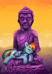 Size: 1240x1754 | Tagged: safe, artist:toisanemoif, rainbow dash, pegasus, pony, g4, behaving like a cat, buddha, buddhism, prone, sleeping, smiling, statue