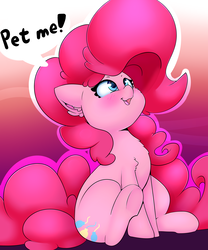 Size: 2000x2400 | Tagged: safe, artist:madacon, pinkie pie, earth pony, pony, g4, blushing, cheek fluff, chest fluff, cute, dialogue, diapinkes, ear fluff, female, fluffy, gradient background, high res, looking up, mare, open mouth, petting, ponk, shoulder fluff, smiling, solo, underhoof