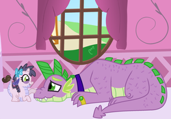 Size: 1954x1367 | Tagged: safe, artist:starryoak, spike, oc, oc:miracle, dracony, dragon, hybrid, miracleverse, g4, adult, adult spike, father and daughter, female, interspecies offspring, male, offspring, older, older spike, parent:rarity, parent:spike, parents:sparity, ring, wedding ring