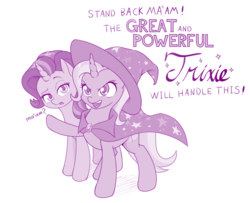 Size: 1000x811 | Tagged: safe, artist:dstears, starlight glimmer, trixie, pony, unicorn, g4, to change a changeling, cape, clothes, cute, dialogue, diatrixes, duo, female, font, funny, glimmerbetes, great and powerful, hat, looking at you, mare, monochrome, open mouth, raised eyebrow, raised hoof, simple background, trixie's cape, trixie's hat, white background