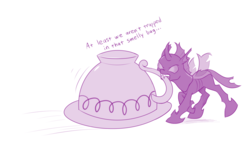Size: 1000x585 | Tagged: safe, artist:dstears, pharynx, starlight glimmer, trixie, changeling, pony, unicorn, g4, to change a changeling, cup, curved horn, dialogue, female, horn, male, mare, monochrome, purple, simple background, teacup, white background