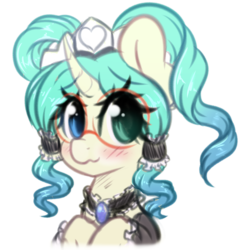 Size: 2572x2666 | Tagged: safe, artist:fluffymaiden, oc, oc only, oc:coconut daiquiri, pony, unicorn, blushing, bust, clothes, curved horn, cute, female, glasses, heterochromia, high res, horn, looking at you, maid, mare, pigtails, portrait, simple background, smiling, solo, wavy mouth, white background