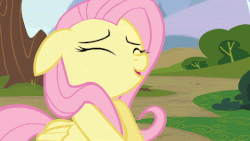 Size: 480x270 | Tagged: safe, screencap, fluttershy, pegasus, pony, g4, rainbow falls, season 4, animated, cute, eyes closed, female, floppy ears, folded wings, gif, invisible stallion, out of context, shyabetes, solo, tree, wings