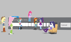 Size: 5120x3072 | Tagged: safe, artist:n3onh100, applejack, fluttershy, pinkie pie, rainbow dash, rarity, sci-twi, sunset shimmer, twilight sparkle, equestria girls, g4, 3d, furniture, gmod, humane five, humane seven, humane six, loading