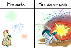 Size: 3000x2051 | Tagged: safe, artist:prismstreak, oc, oc only, oc:apogee, oc:delta vee, oc:jet stream, pegasus, pony, clothes, crate, explosion, father and daughter, female, filly, firecracker, fireworks, floppy ears, freckles, hug, looking up, male, mare, open mouth, pun, running, scarf, shocked, smiling, stallion, winghug