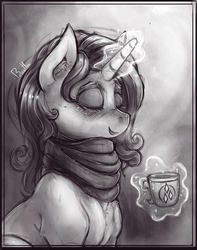 Size: 1010x1280 | Tagged: safe, artist:bantha, rarity, pony, g4, blushing, bust, clothes, cup, eyes closed, female, glowing horn, grayscale, horn, magic, monochrome, portrait, scarf, smiling, solo, telekinesis