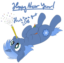 Size: 3572x3492 | Tagged: safe, artist:djdavid98, oc, oc only, oc:double colon, pony, 2018, confetti, english, happy new year 2018, hat, high res, new year, on back, party hat, party horn, simple background, solo, text, transparent background