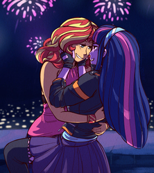 Size: 2400x2700 | Tagged: safe, artist:overlordneon, sunset shimmer, twilight sparkle, human, equestria girls, g4, blue hair, city, clothes, duo, female, fingerless gloves, fireworks, gloves, happy new year, happy new year 2018, headband, high res, holiday, humanized, jacket, lesbian, long hair, looking at each other, multicolored hair, night, outdoors, pink hair, purple hair, red hair, ship:sunsetsparkle, shipping, skirt, smiling, yellow hair