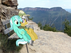 Size: 800x598 | Tagged: safe, artist:didgereethebrony, daring do, lyra heartstrings, g4, australia, bench, blue mountains, chair, cliff, cliff walk, cliffs, irl, katoomba, meme, photo, plateau, ponies in real life, seat, sitting, sitting lyra