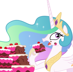 Size: 6000x5911 | Tagged: safe, artist:etherium-apex, princess celestia, alicorn, pony, g4, ponyville confidential, .svg available, absurd resolution, cake, cakelestia, cartoon physics, concave belly, crown, digestion without weight gain, eating, ethereal mane, female, food, hammerspace, hammerspace belly, hoof hold, hoof shoes, jewelry, long mane, mare, messy eating, one wing out, peytral, princess shoes, regalia, simple background, slender, solo, standing, thin, transparent background, vector, wings