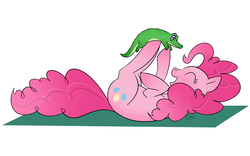 Size: 2293x1435 | Tagged: safe, artist:dippin-dott, gummy, pinkie pie, alligator, earth pony, pony, g4, duo, eyes closed, female, mare, on back, simple background, smiling, white background