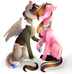 Size: 850x870 | Tagged: safe, artist:twinkepaint, oc, oc only, oc:coffee stars, oc:twinke paint, pegasus, pony, unicorn, chest fluff, clothes, eyes closed, female, lesbian, mare, oc x oc, scarf, shipping, sitting, smiling, sweater