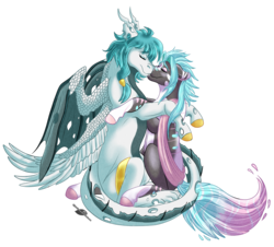 Size: 1400x1268 | Tagged: safe, artist:bijutsuyoukai, oc, oc only, changepony, dracony, hybrid, seraph, gay, kissing, male, multiple wings, oc x oc, shipping, simple background, transparent background