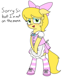 Size: 1174x1461 | Tagged: safe, artist:wafflecakes, oc, oc only, oc:golden brisk, semi-anthro, blushing, bow, clothes, colt, crossdressing, male, simple background, socks, solo, striped socks, trap, waitress, white background