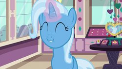 Size: 1200x675 | Tagged: safe, screencap, trixie, pony, unicorn, all bottled up, g4, cute, diatrixes, eyes closed, female, glowing horn, horn, mare, smiling, solo