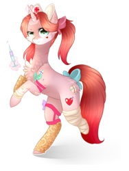 Size: 723x963 | Tagged: safe, artist:twinkepaint, oc, oc only, oc:serenity, pony, unicorn, amputee, bandage, bow, chest fluff, clothes, female, hair bow, magic, mare, simple background, socks, solo, syringe, tail bow, transparent background
