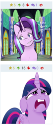 Size: 670x1559 | Tagged: safe, artist:dazion1999, artist:jhayarr23, starlight glimmer, twilight sparkle, alicorn, pony, derpibooru, g4, my little pony: the movie, juxtaposition, juxtaposition win, meme, meta, sad, twilight sparkle (alicorn)