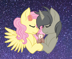 Size: 1024x842 | Tagged: safe, artist:rose-moonlightowo, discord, fluttershy, oc, oc:lunette sylvee, hybrid, pony, g4, baby, baby pony, base used, female, filly, interspecies offspring, male, offspring, parent:discord, parent:fluttershy, parents:discoshy, pony discord, ship:discoshy, shipping, straight