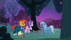 Size: 1920x1080 | Tagged: safe, screencap, starlight glimmer, sunburst, trixie, pony, unicorn, g4, uncommon bond, apple, apple tree, bush, dawn, female, fence, food, grin, hill, male, mare, scenery, smiling, stallion, tree, trio