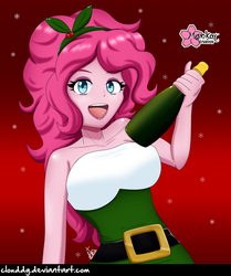 Size: 837x1000 | Tagged: safe, artist:clouddg, pinkie pie, human, equestria girls, g4, alcohol, bare shoulders, big breasts, breasts, busty pinkie pie, champagne, clothes, cute, diapinkes, dress, female, hairband, holiday, looking at you, open mouth, saint patrick's day, smiling, solo, wine, wine bottle