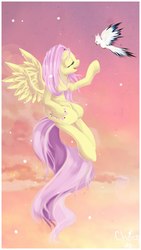 Size: 1152x2048 | Tagged: safe, artist:shady-2304, fluttershy, bird, pegasus, pony, g4, chest fluff, eyes closed, female, flying, open mouth, reaching, sky, smiling, solo, spread wings, wings