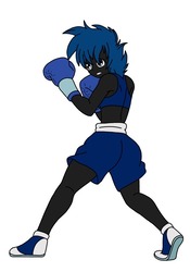 Size: 699x997 | Tagged: safe, artist:linedraweer, oc, oc only, oc:jinx, human, equestria girls, g4, boxing, boxing gloves, clothes, female, fighting stance, humanized, midriff, pose, simple background, solo, sports, sports bra, trunks, white background