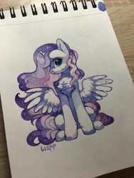 Size: 960x1280 | Tagged: safe, artist:lispp, princess luna, alicorn, pony, g4, chest fluff, female, looking at you, mare, photo, sitting, solo, spread wings, traditional art, unshorn fetlocks, watercolor painting, wings