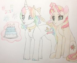 Size: 1024x845 | Tagged: safe, artist:evergreen-gemdust, sunset shimmer, oc, pony, unicorn, g4, bow, cake, female, food, hair bow, magic, mare, sitting, tail bow, traditional art