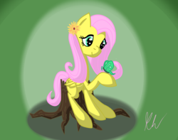 Size: 992x781 | Tagged: safe, artist:sergeantkitz, fluttershy, butterfly, pegasus, pony, g4, female, flower, flower in hair, folded wings, hair ornament, hoof hold, looking at something, raised hoof, sitting, smiling, solo, tree stump