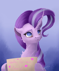 Size: 2500x3000 | Tagged: safe, artist:skitsroom, starlight glimmer, pony, unicorn, g4, curved horn, female, gradient background, high res, holding, horn, mare, sign, smiling, solo